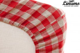 Elastic bedding sheet SPREE 100% pure linen checked natural/red color