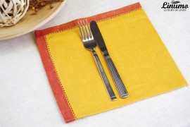 Classic linen napkin with elegant hemstitch 45x45cm yellow/red